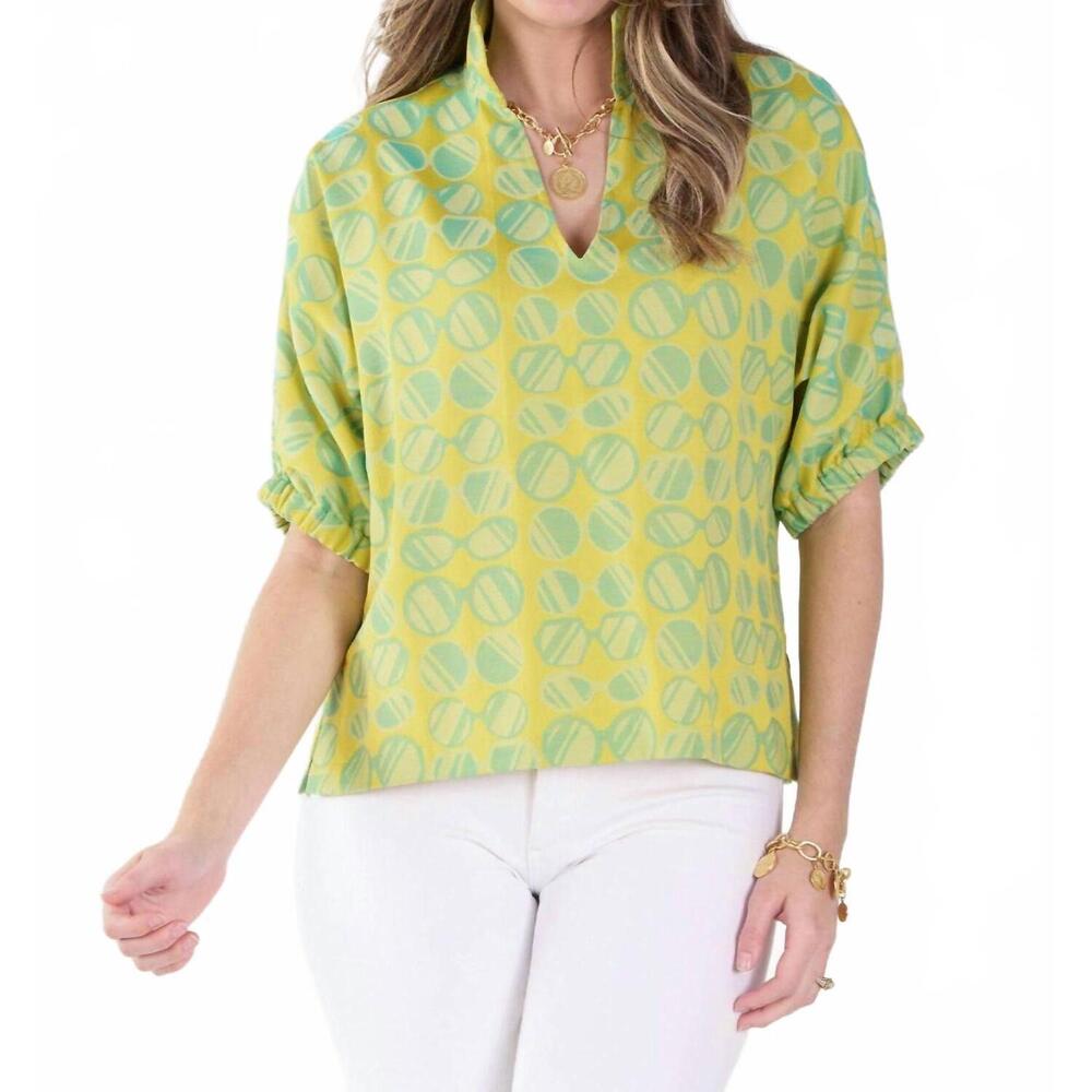 Casual Yellow-Green Patterned Split-Neck Blouse